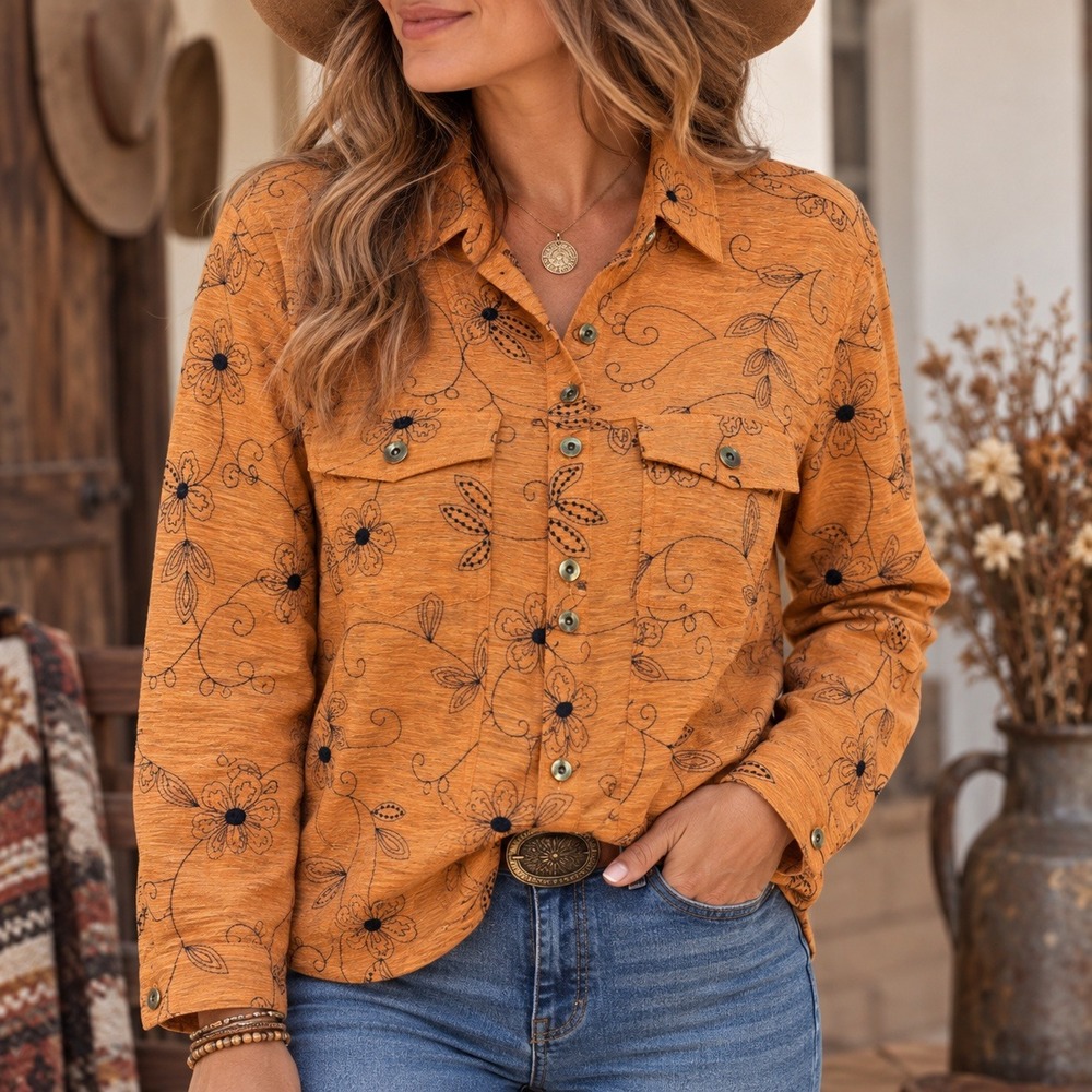 Silkland Orange Silk Blend Floral Embroidered Shirt Plus Size 1X Boho Cowgirl
